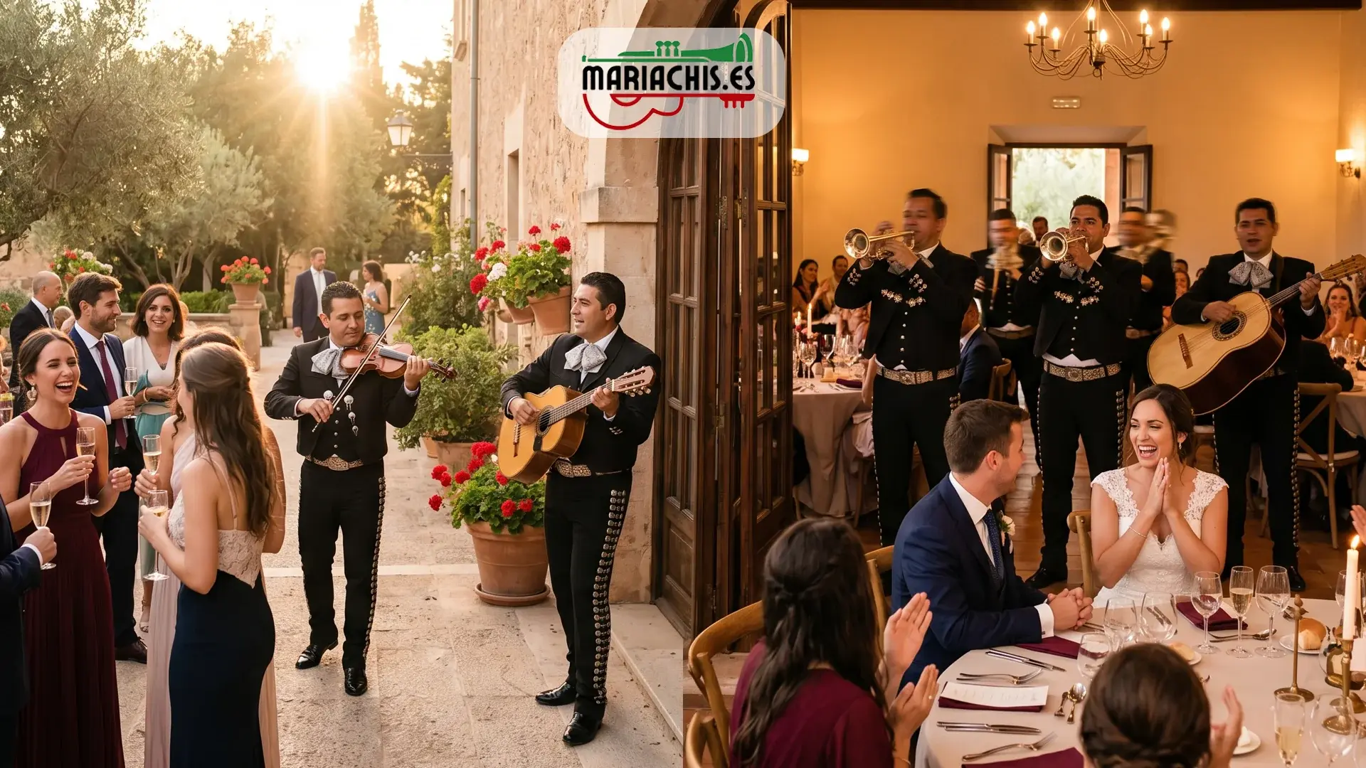 Mariachi irrumpiendo en el salón del banquete de una boda en España con trompetas a tope mientras los novios sentados reaccionan emocionados y los invitados se giran sorprendidos a la vez