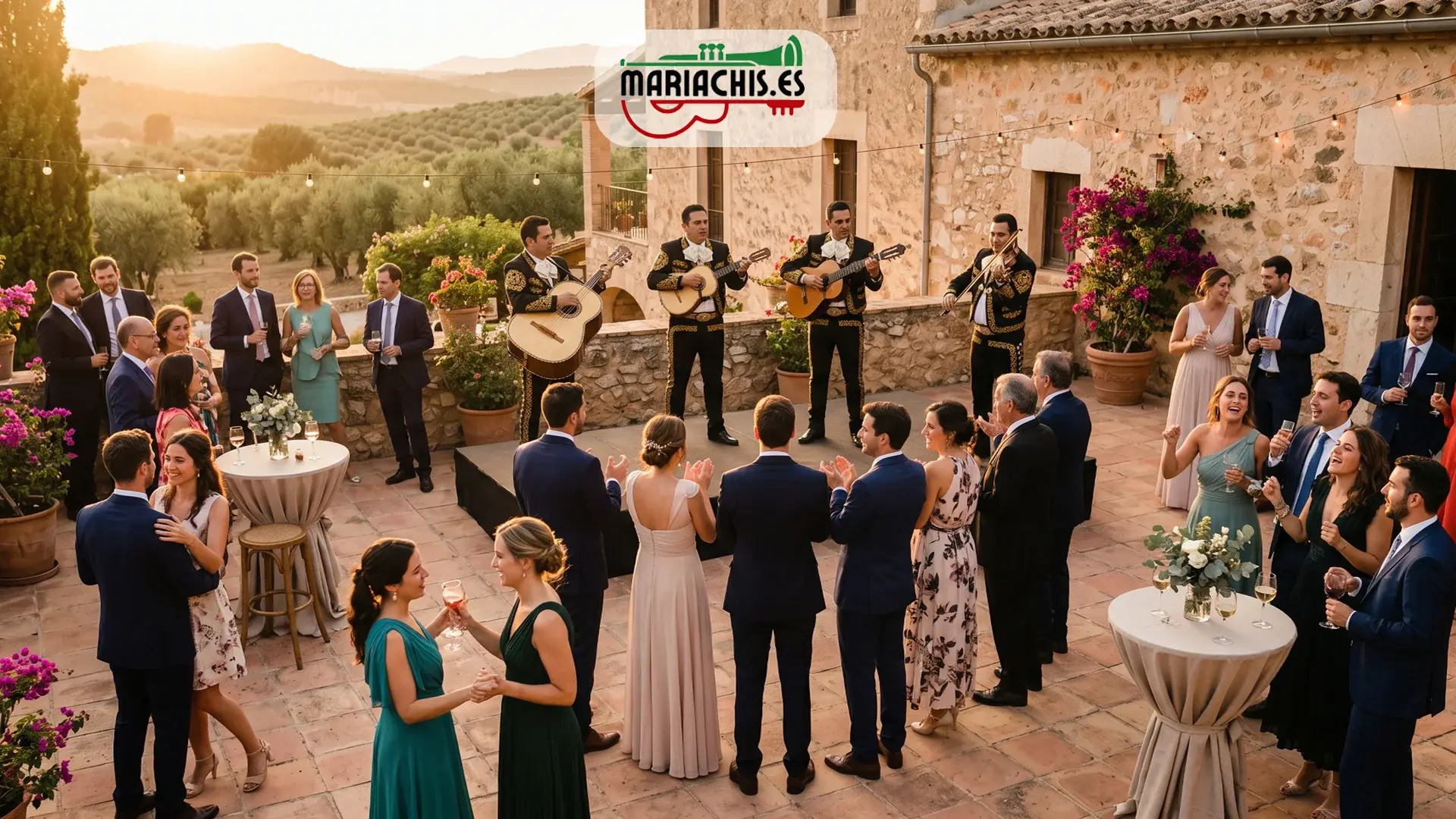 Mariachis tocando en la entrada al salón de una boda en España en el momento de mayor impacto emocional