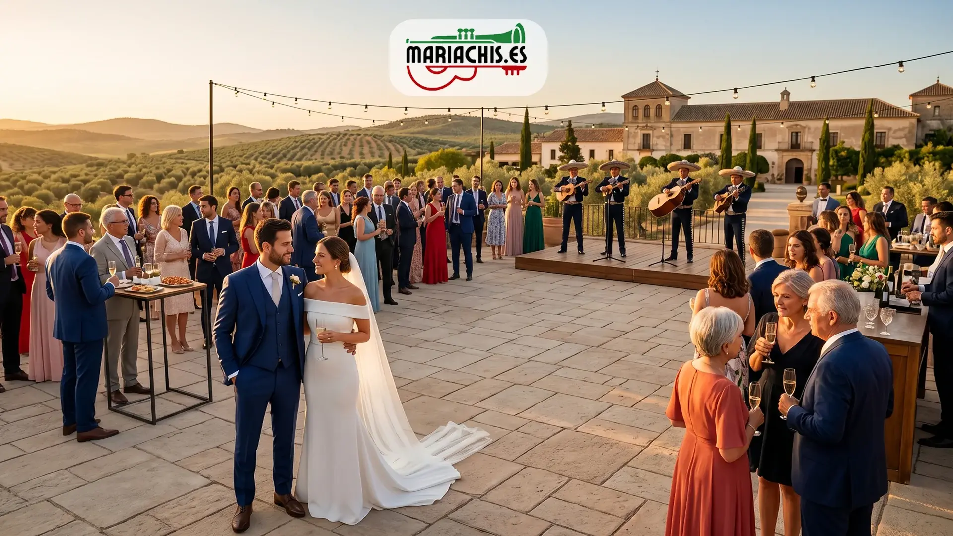 Mariachis en la entrada al salón de una boda en España como momento narrativo diseñado con intención