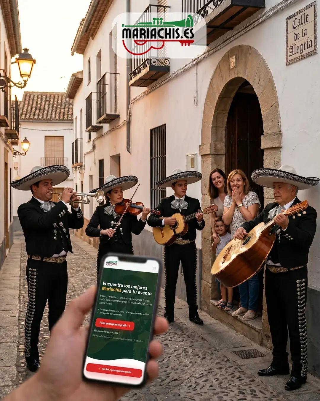 Grupo de mariachis con traje de charro en España listos para actuar en un evento