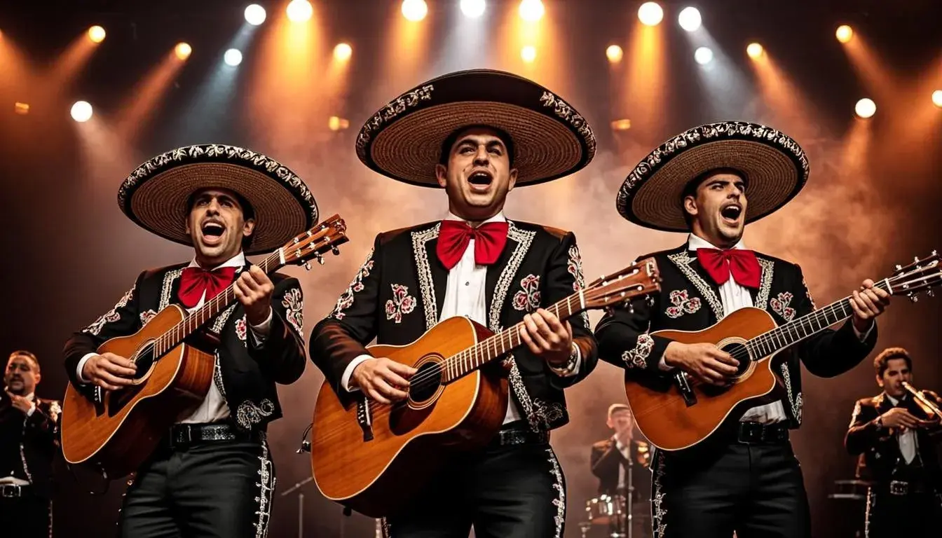 Grupo de mariachis con traje de charro tocando trompeta y violín en una boda en España