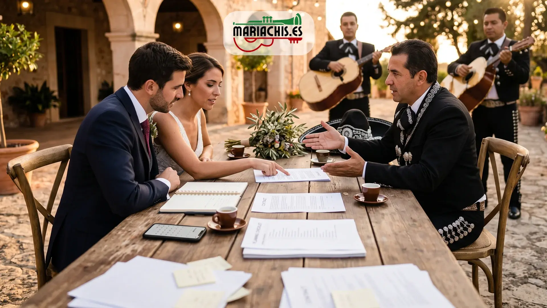 Pareja de novios revisando un contrato profesional con un líder de mariachi en mesa de finca española, con checklist de pasos y agenda visible, ambiente de planificación previa a la boda