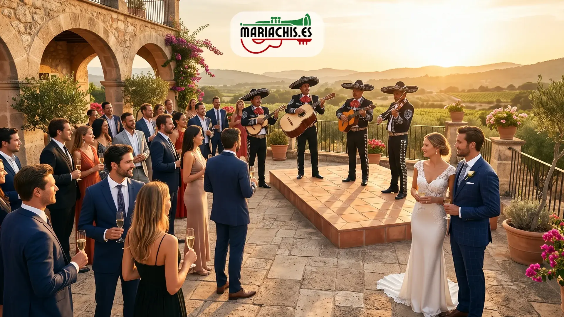 Pareja en su primer baile de boda con mariachis tocando una balada romántica seleccionada para ellos