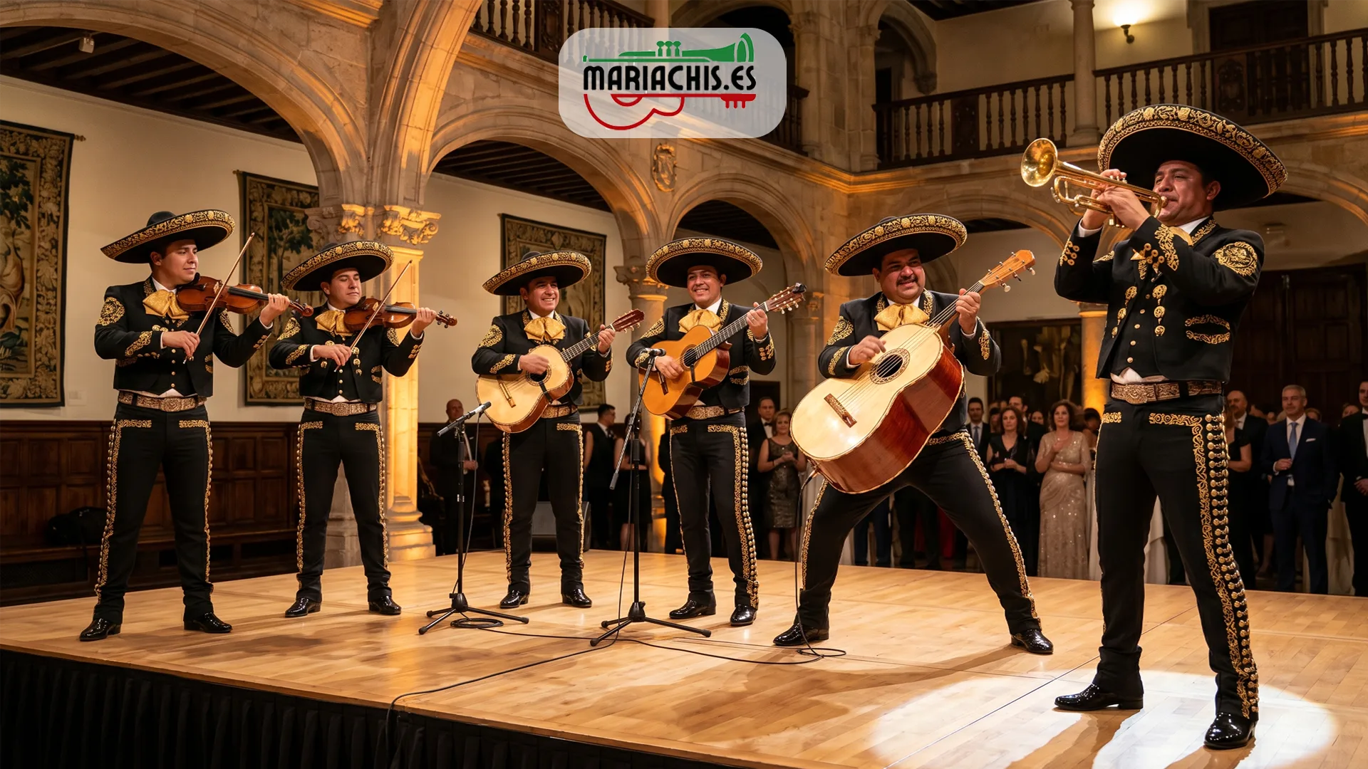 Grupo de mariachis tocando con todos sus instrumentos incluyendo trompeta destacada en primer plano