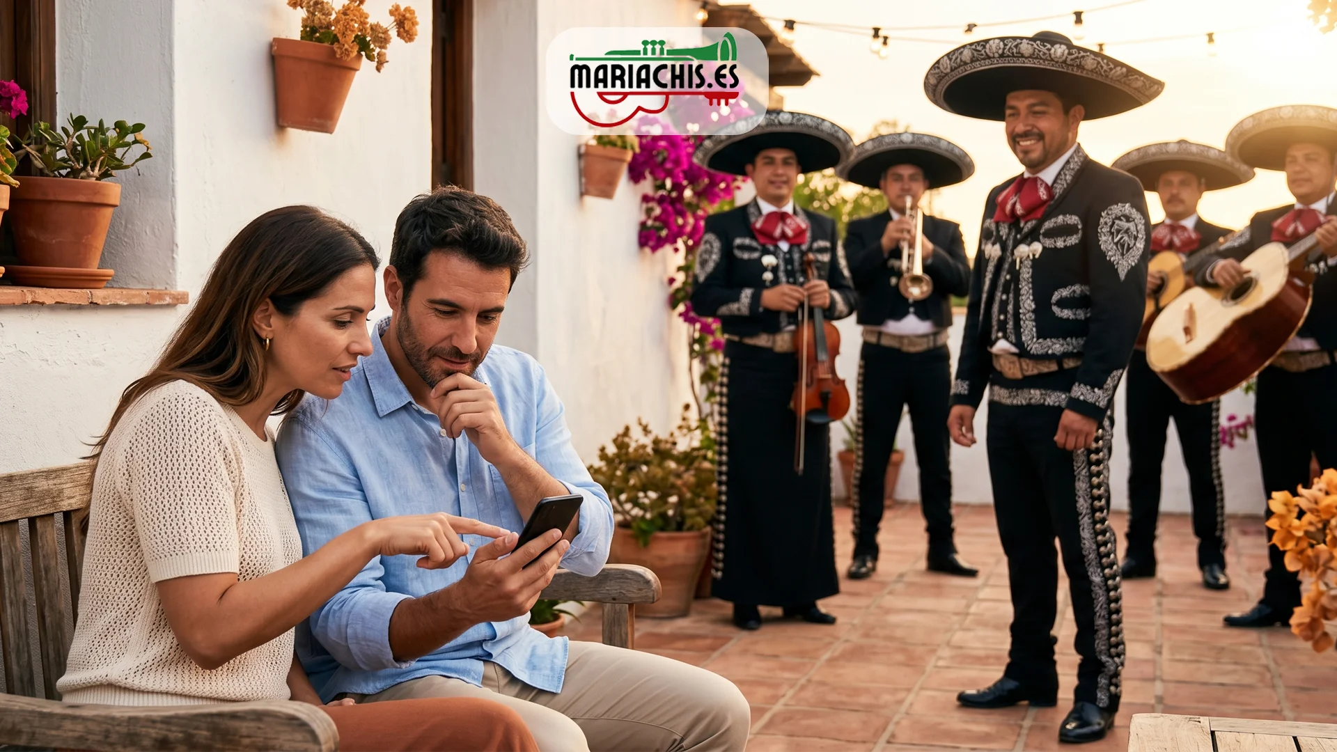 Cliente revisando una checklist de 5 preguntas en su móvil antes de contratar a un mariachi en España