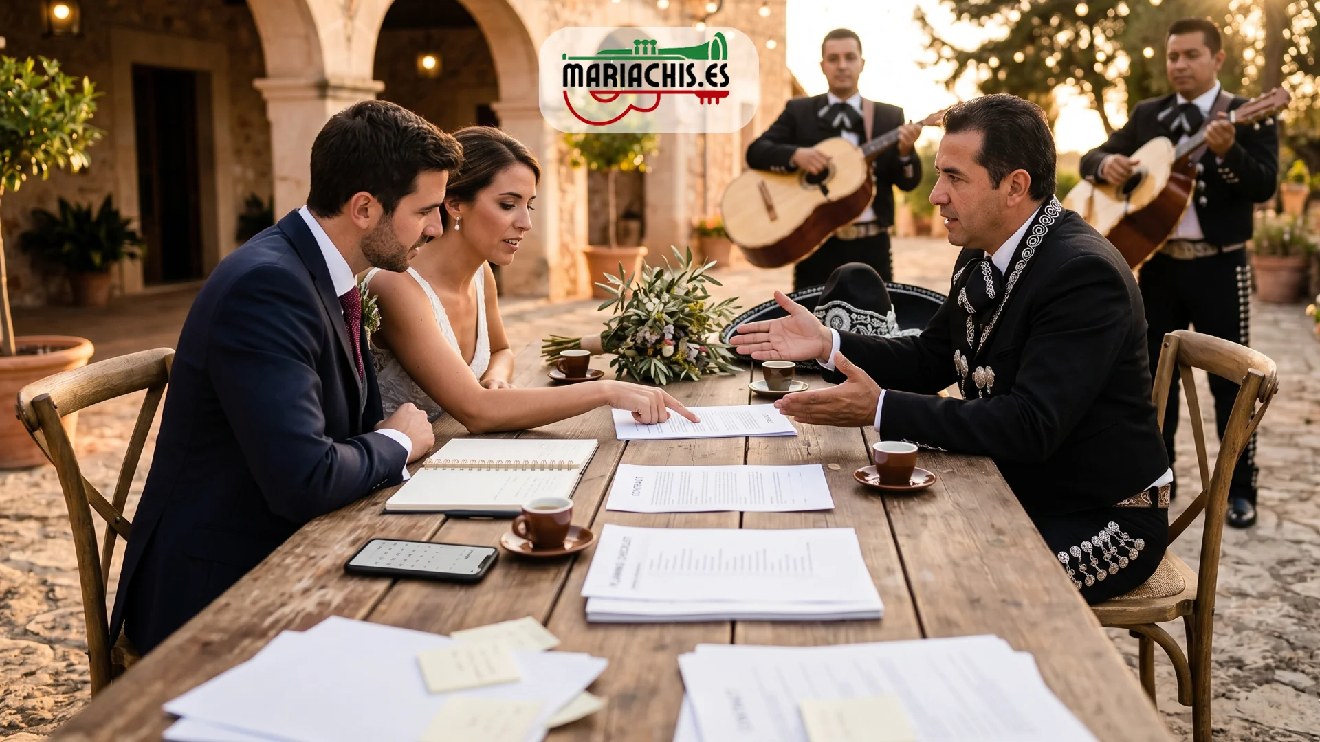 Pareja de novios revisando un contrato profesional con un líder de mariachi en mesa de finca española, con checklist de pasos y agenda visible, ambiente de planificación previa a la boda