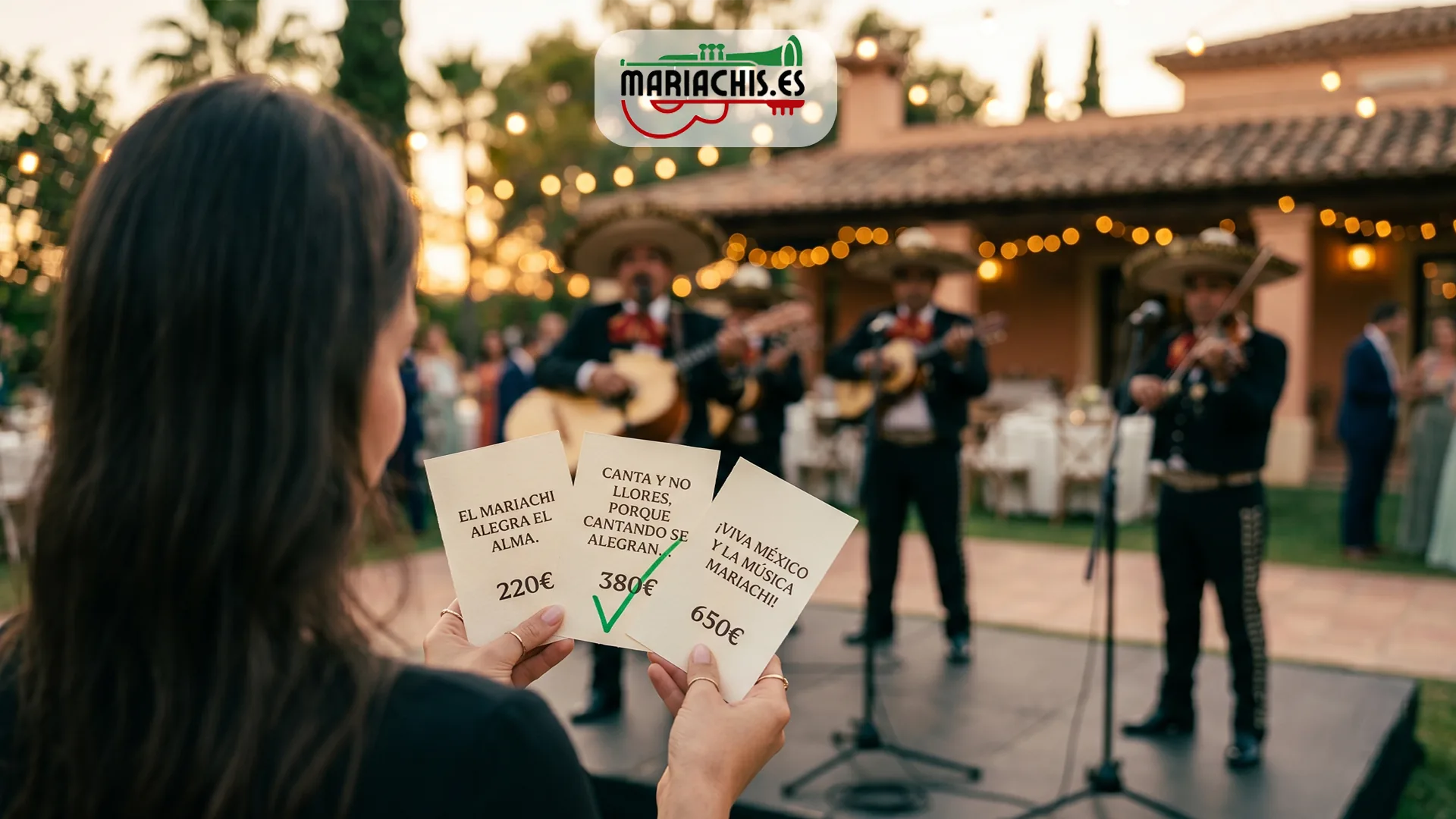 Mesa de trabajo con tres presupuestos de mariachis impresos, calculadora y bolígrafo para comparar tarifas en España
