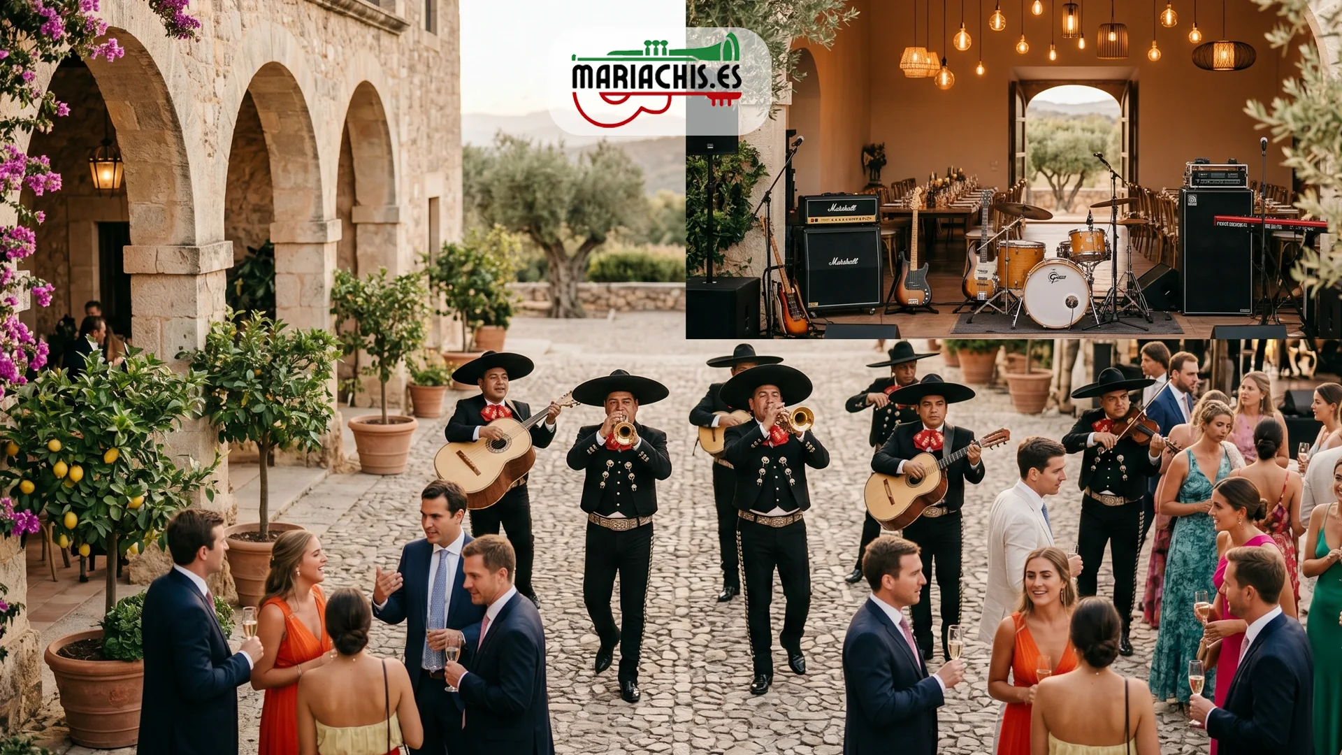 Mariachi tocando en el cóctel de una boda en España mientras los invitados conversan, antes del bloque de banda en la barra libre
