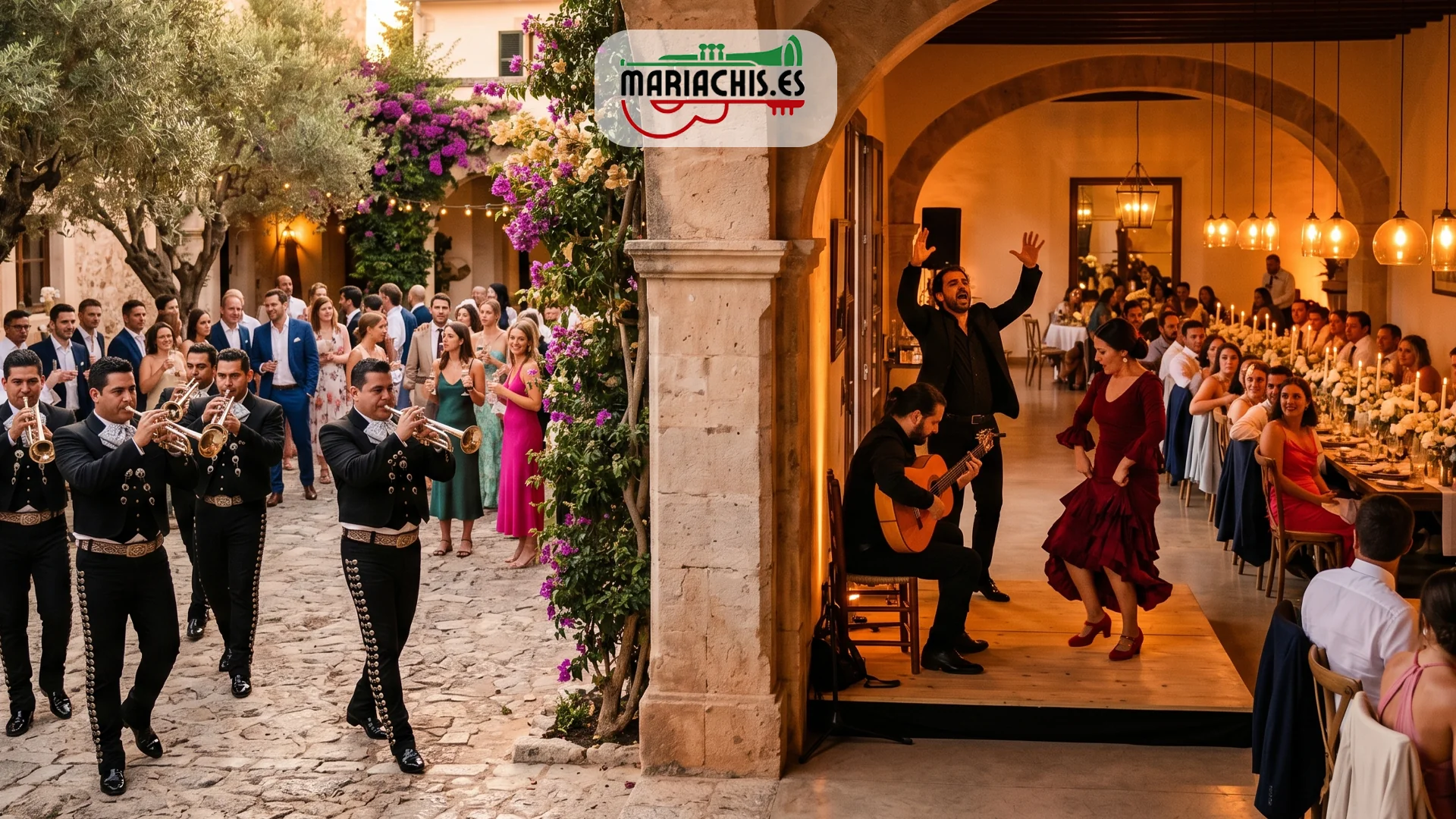 Comparativa visual de un grupo mariachi tocando en el cóctel de una boda en España y un cuadro flamenco actuando en sobremesa, dos formatos en la misma noche