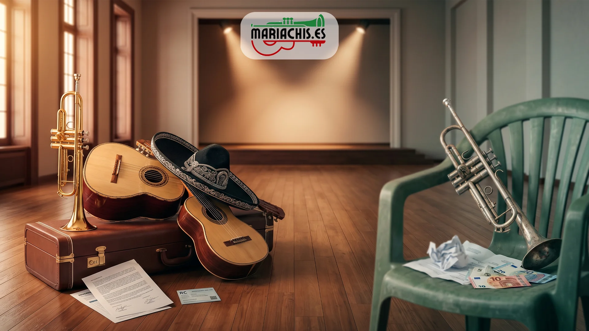 Comparativa visual entre mariachi profesional con vestuario charro completo y mariachi amateur con vestuario incompleto