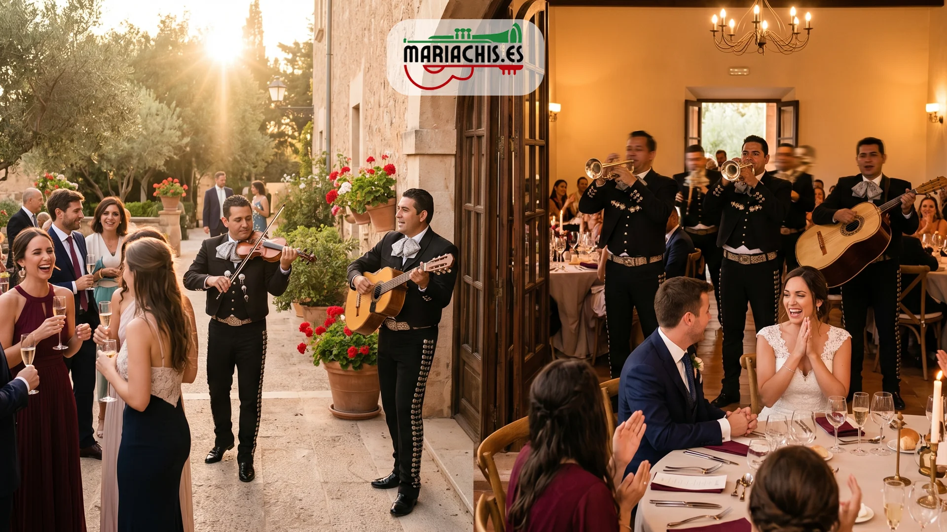 Mariachi irrumpiendo en el salón del banquete de una boda en España con trompetas a tope mientras los novios sentados reaccionan emocionados y los invitados se giran sorprendidos a la vez