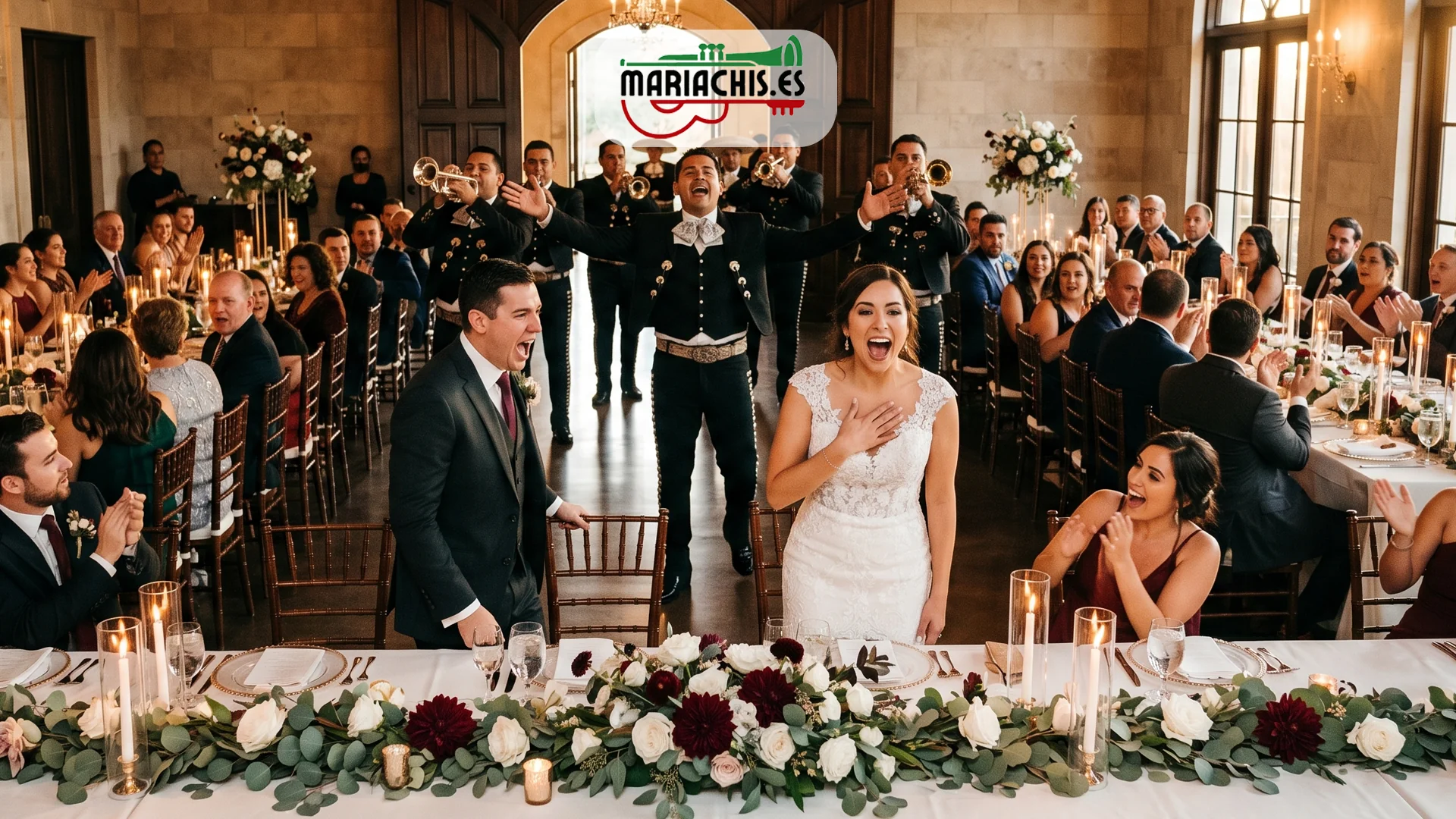 Mariachi irrumpiendo en el salón de una boda en España con trompetas mientras los novios reaccionan emocionados y los invitados aplauden de pie