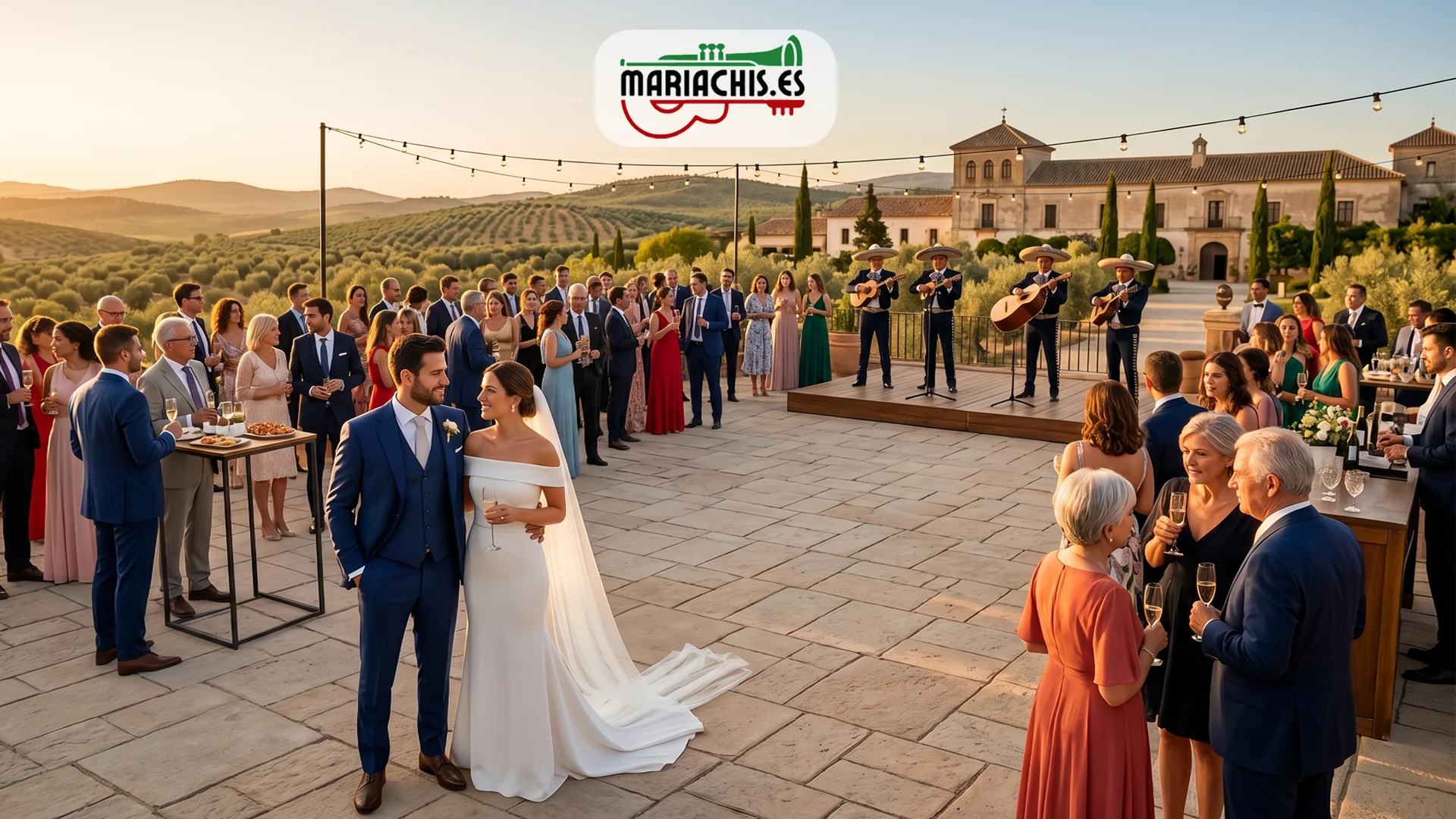 Mariachis en la entrada al salón de una boda en España como momento narrativo diseñado con intención